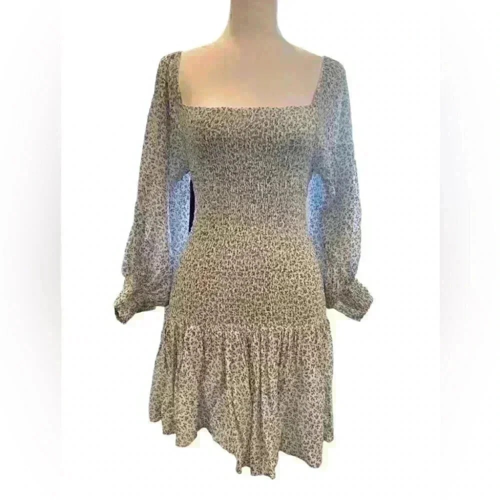 Jen’s Pirate Booty Haitian Rose Mini Dress Balloon Sleeves Ruffle Hem Blue XS